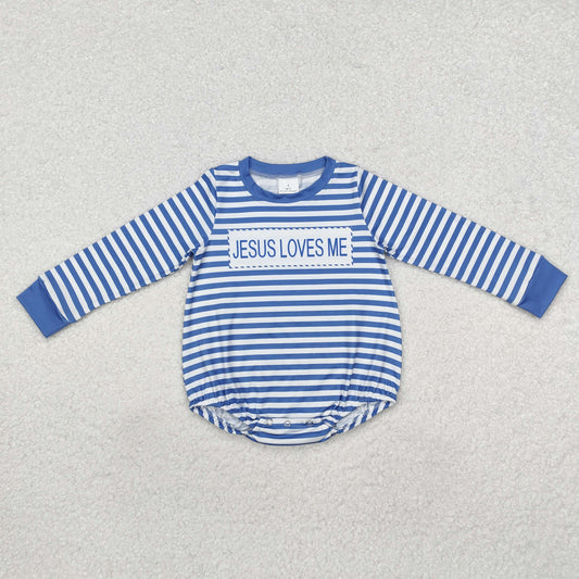 LR1556 Baby Infant Boys Blue Stripes Jesus Loves Me Romper