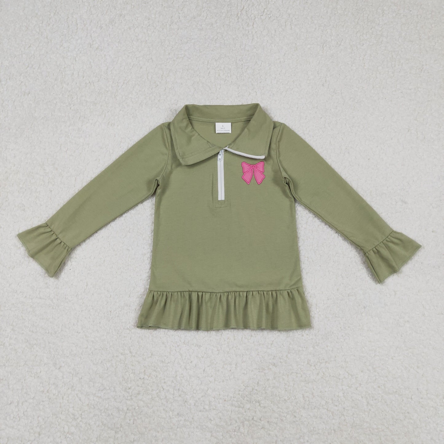 GT1272 Embroidery Baby Girls Long Ruffle Sleeve Bows Zipper Valentine Pullovers Top C11.24