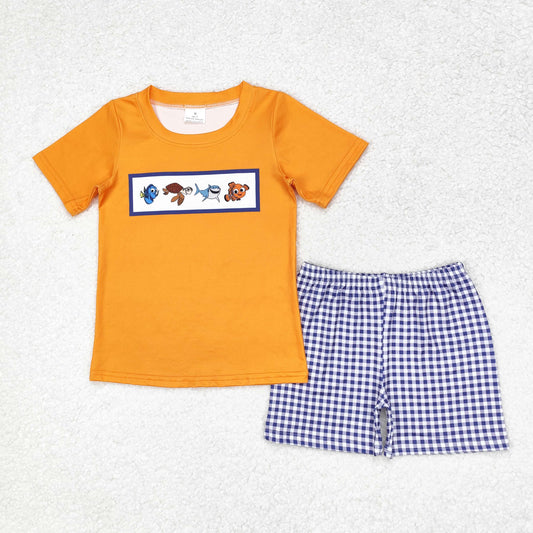 BSSO0964 Boy cartoon Fish orange short-sleeved plaid shorts suit