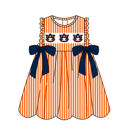 C11.28 Custom Moq 5 Baby Girls Sleeveless Orange Stripe AU Bows Team Knee Length Dresses
