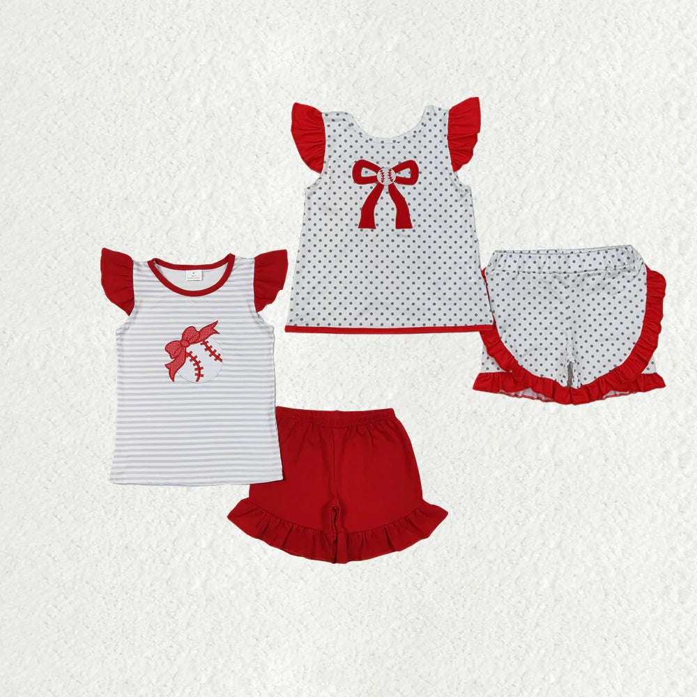 Sibling Baby Girls Embroidery Baseballs Summer Shorts Sets Clothes Sets 6.5