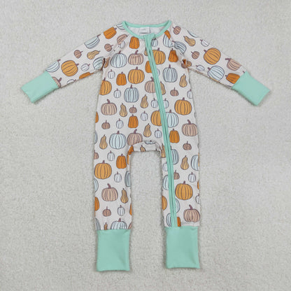LR2565 Baby Boys Colorful Pumpkins Plaid Fall Zipper Footie Romper C8.29