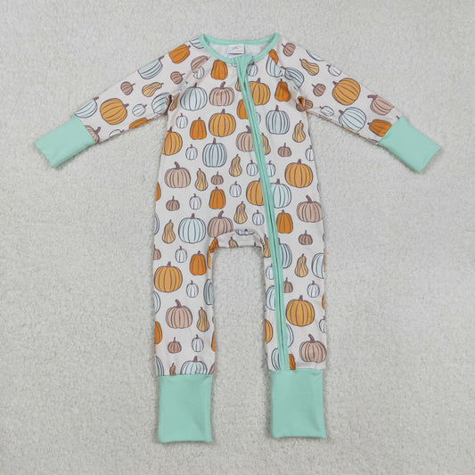 LR2565 Baby Boys Colorful Pumpkins Plaid Fall Zipper Footie Romper C8.29