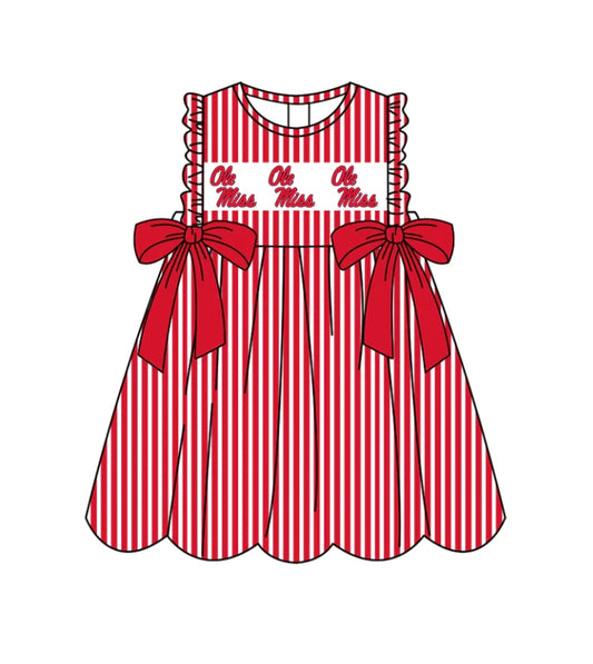 C11.28 Custom Moq 5 Baby Girls Sleeveless Red Stripe Ole Miss Bows Team Knee Length Dresses