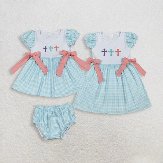 Embroidery Crosses Baby Girls Bows Easter Knee Length Dresses Bummies Clothes Sets C11.4