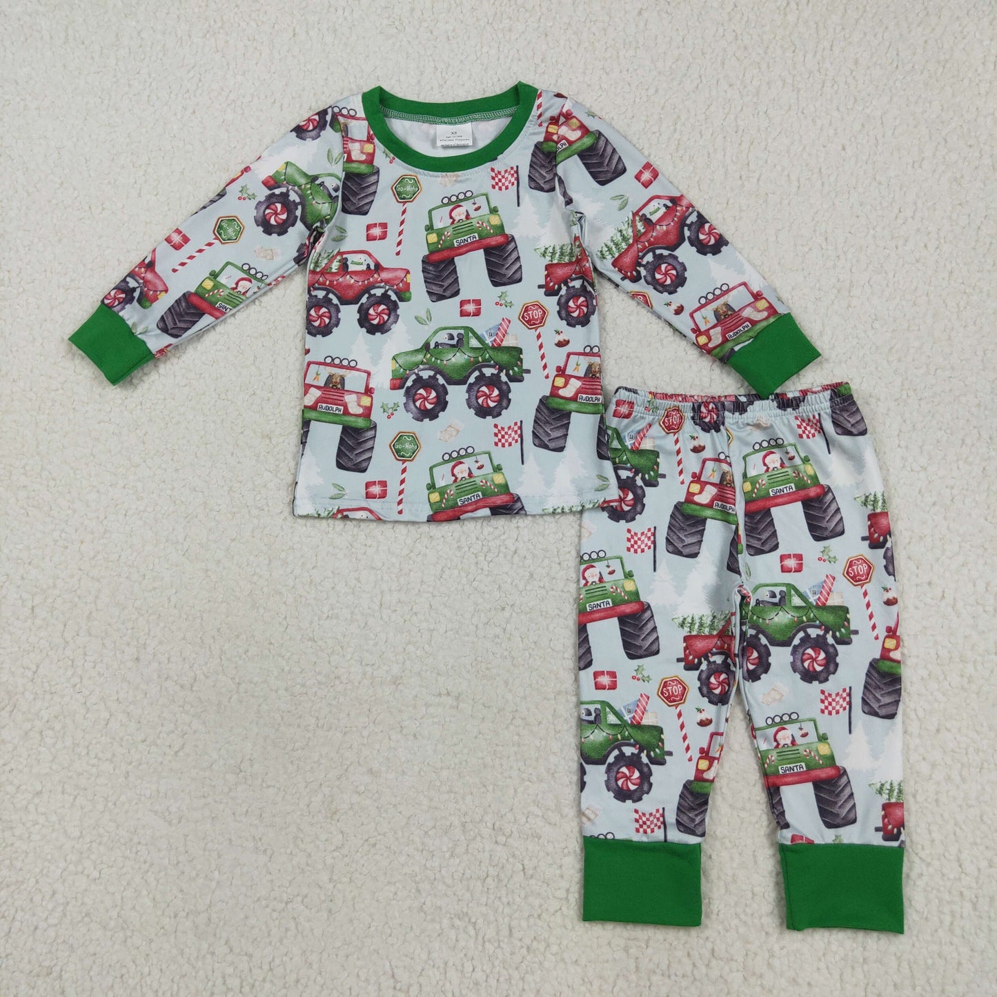 BLP1087 Baby Boys Green Long Sleeves Truck Trees Flags Top Pant Pajamas Set 8.11
