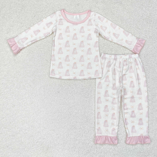 GLP1311 Bamboo pink Ghost Lace white long sleeve pants pajama set