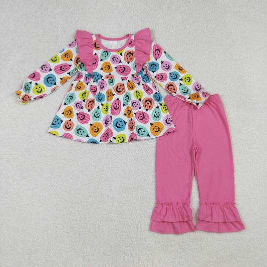 GLP2569 Baby Girls Long Sleeves Colorful Ghost Pumpkins Top Ruffle Pants Set C9.11