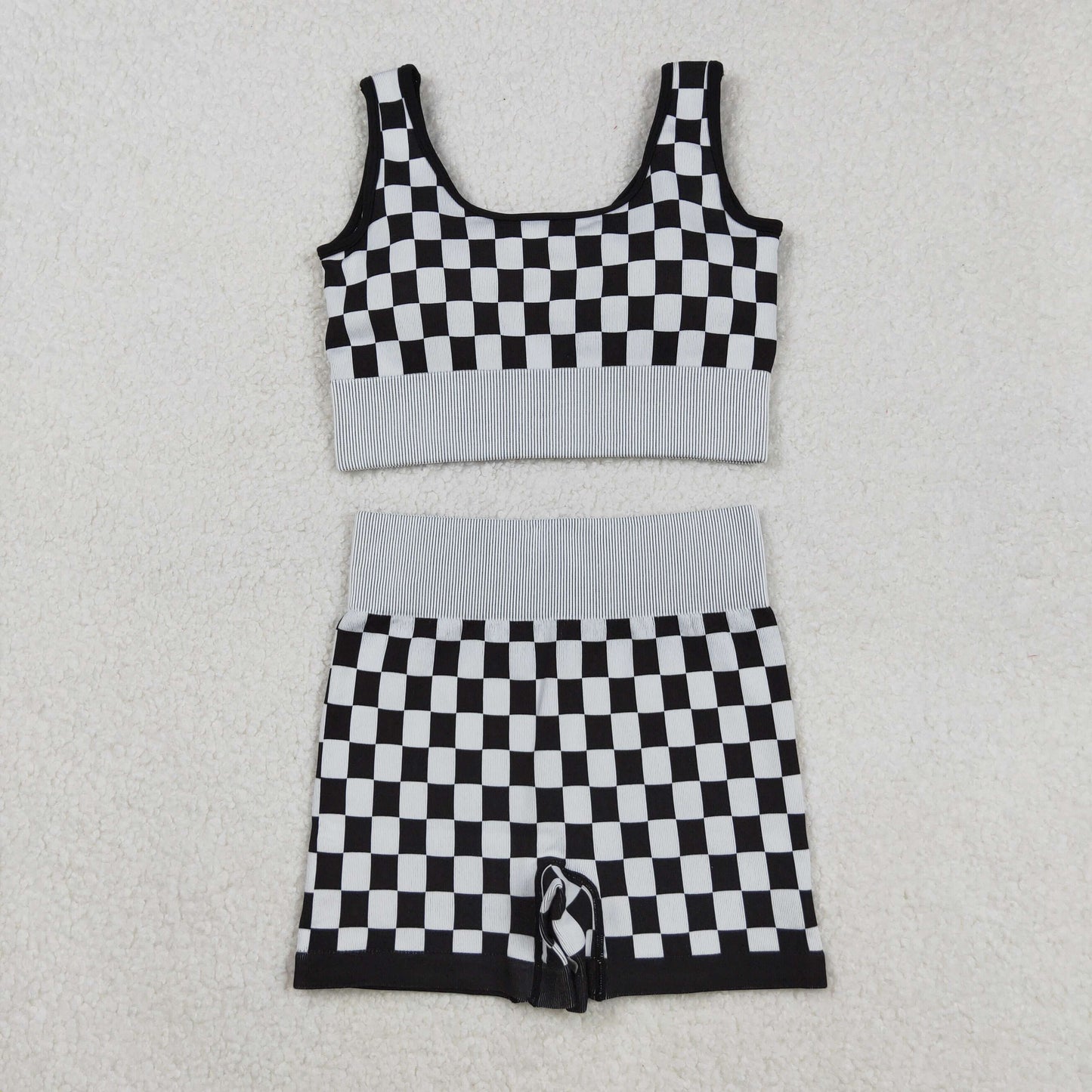 GT1189+SS0644 Adult Women Black Checkered Crop Bra Top Shorts Yoga Outfits Set C9.2