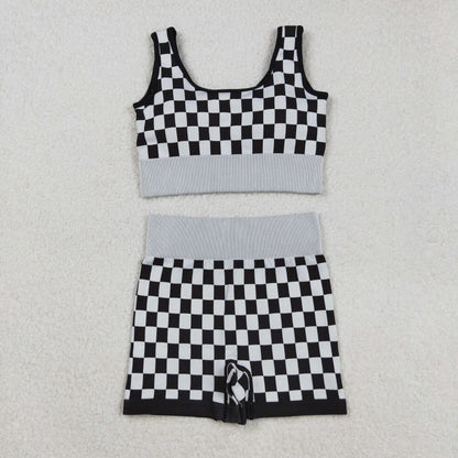 GT1189+SS0644 Adult Women Black Checkered Crop Bra Top Shorts Yoga Outfits Set C9.2