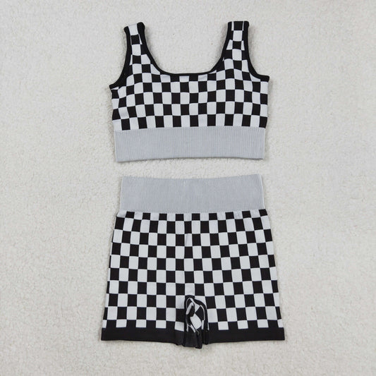 GT1189+SS0644 Adult Women Black Checkered Crop Bra Top Shorts Yoga Outfits Set C9.2