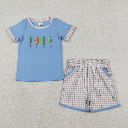 BSSO1617 Embroidery Fishing Baby Boys Top Checked Pockets Shorts Hunting Clothes Set C12.16