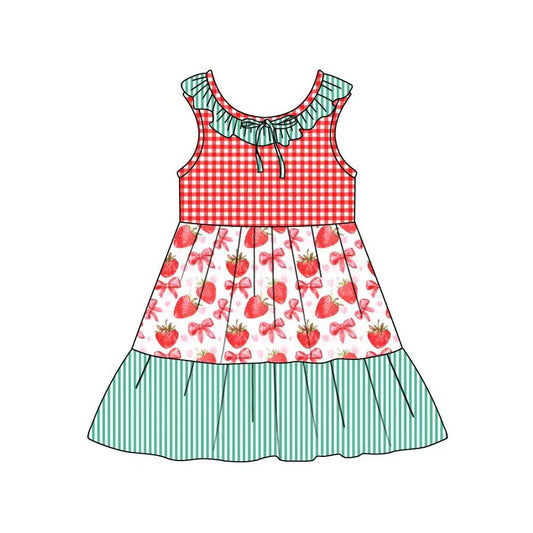 C12.11 Custom Moq 5 Baby Girls Collar Strawberry Checked Stripe Patchwork Knee Length Dresses