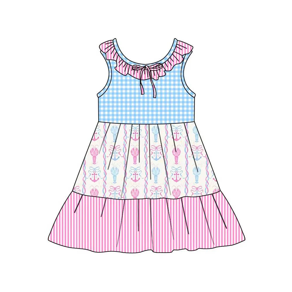 C12.11 Custom Moq 5 Baby Girls Collar Bows Crayfishes Checked Stripe Patchwork Knee Length Dresses