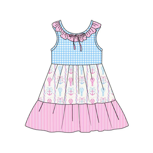C12.11 Custom Moq 5 Baby Girls Collar Bows Crayfishes Checked Stripe Patchwork Knee Length Dresses