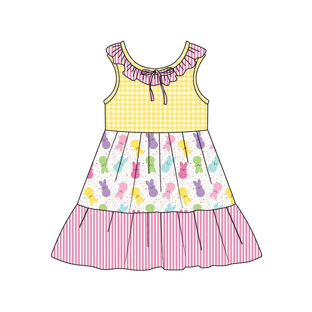 C12.11 Custom Moq 5 Baby Girls Collar Rabbits Checked Stripe Easter Patchwork Knee Length Dresses