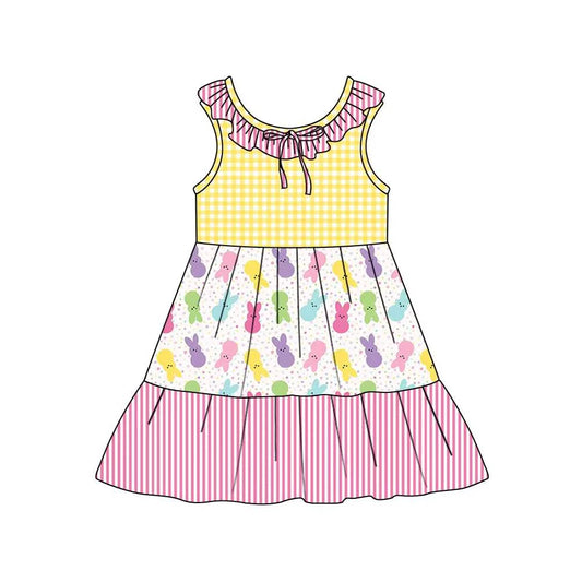 C12.11 Custom Moq 5 Baby Girls Collar Rabbits Checked Stripe Easter Patchwork Knee Length Dresses