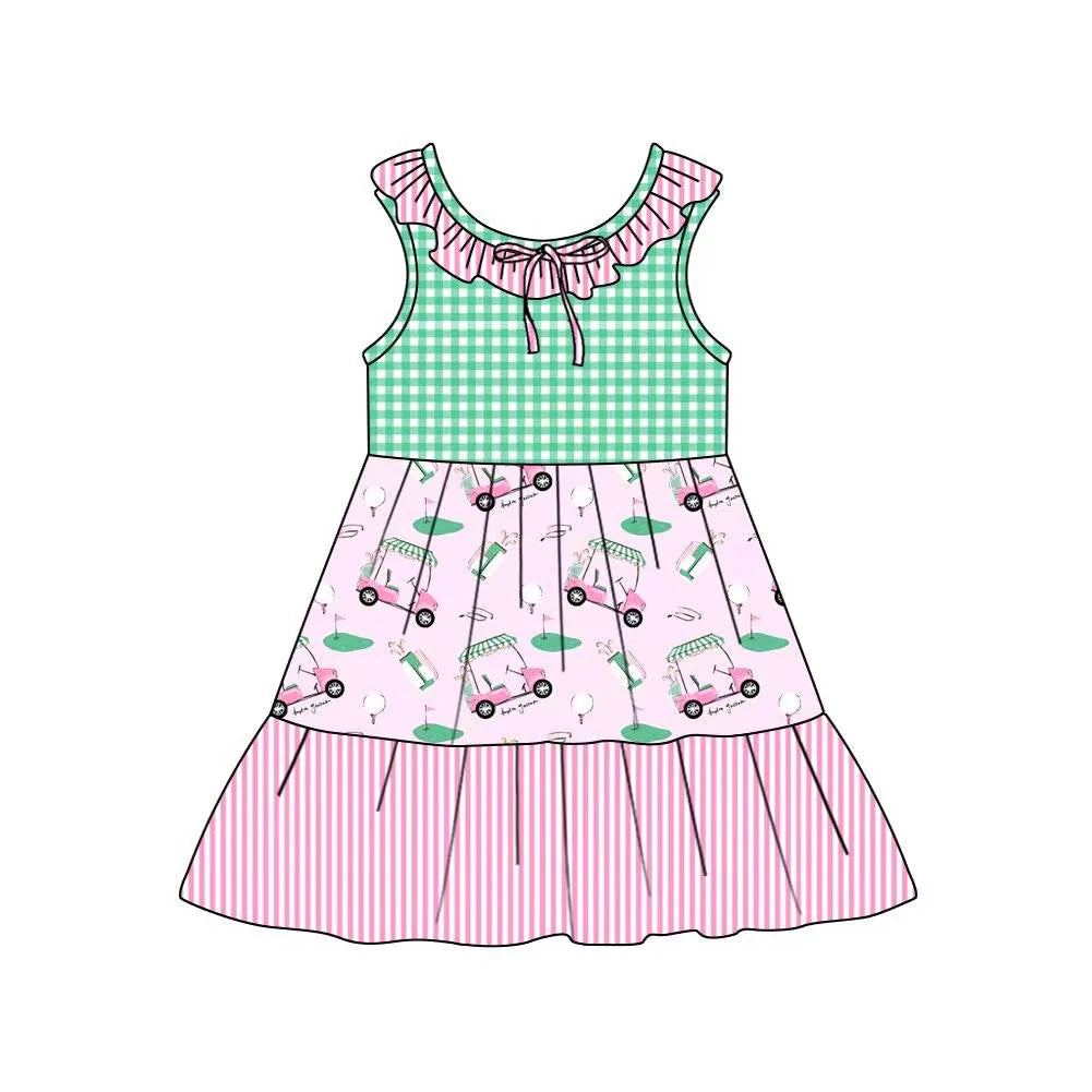 C12.11 Custom Moq 5 Baby Girls Collar Golf Flags Checked Stripe Patchwork Knee Length Dresses
