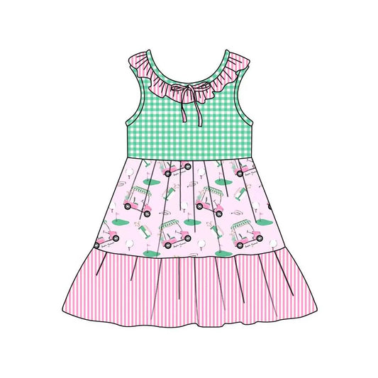 C12.11 Custom Moq 5 Baby Girls Collar Golf Flags Checked Stripe Patchwork Knee Length Dresses