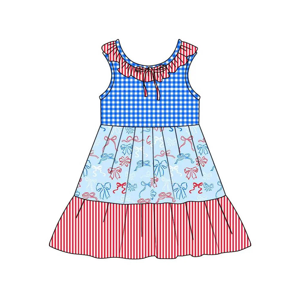 C12.11 Custom Moq 5 Baby Girls Red Blue Bows Checked Stripe 4th of July Patchwork Knee Length Dresses