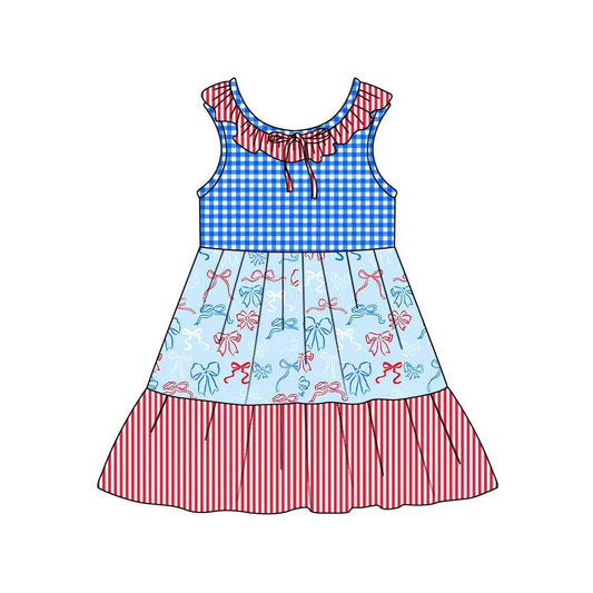C12.11 Custom Moq 5 Baby Girls Red Blue Bows Checked Stripe 4th of July Patchwork Knee Length Dresses