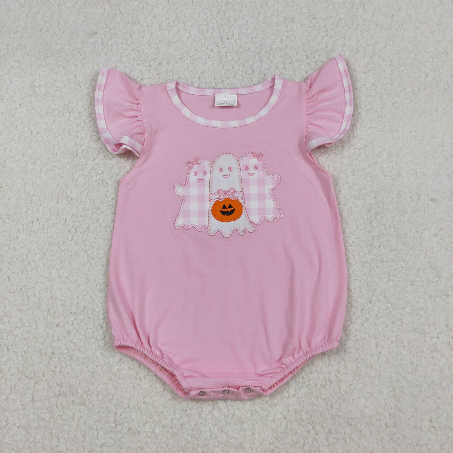 SR3196 Embroidery Baby Girls Pink Ghost Pumpkins Halloween Ruffle Romper C9.15