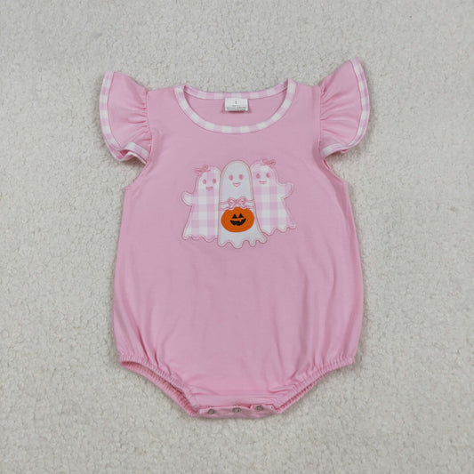 SR3196 Embroidery Baby Girls Pink Ghost Pumpkins Halloween Ruffle Romper C9.15