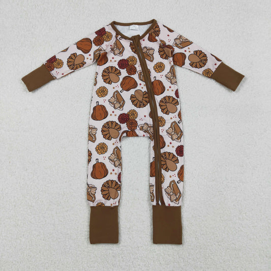 LR2690 Baby Boys Pie Turkey Pumpkins Thanksgiving Zipper Footie Romper C10.20