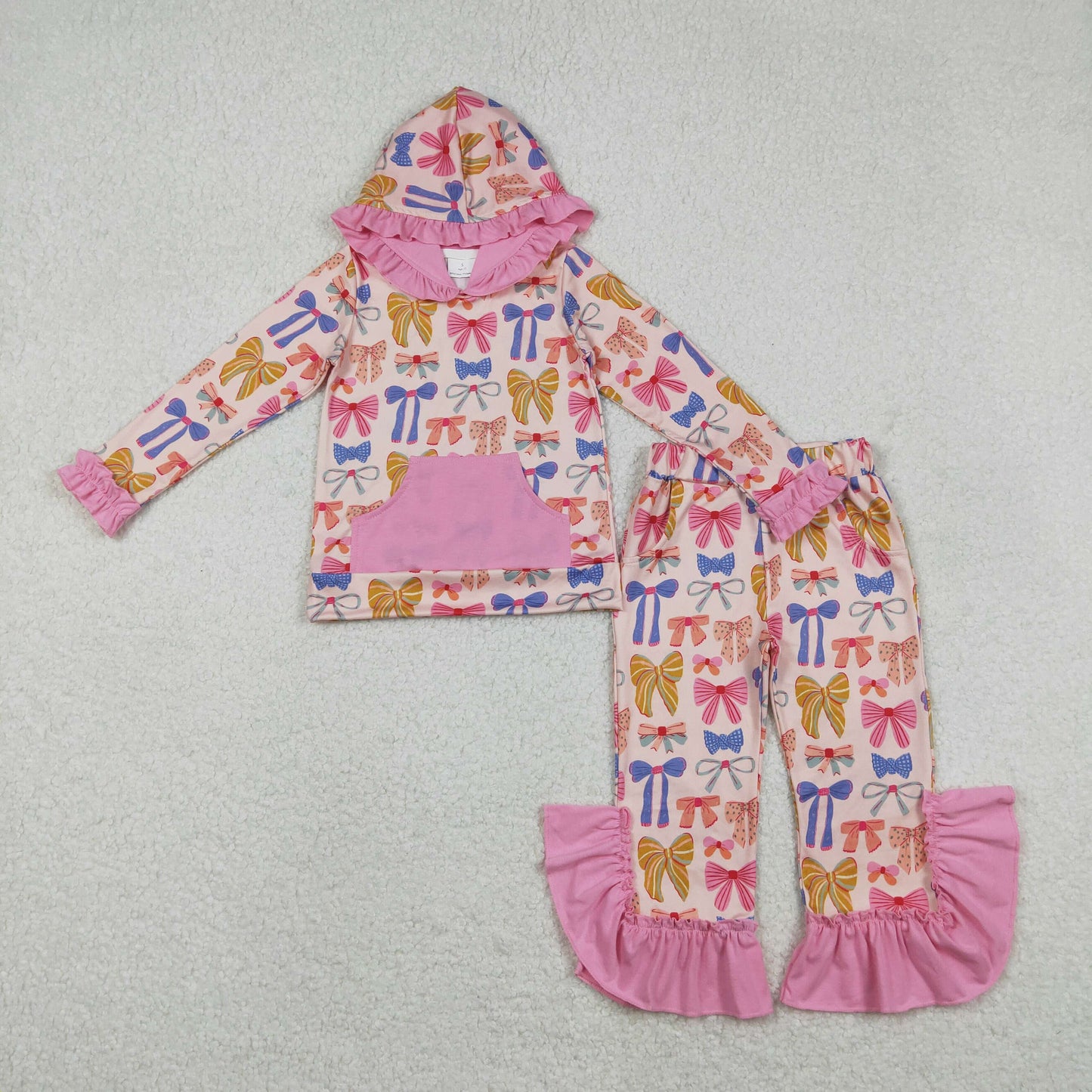 GLP3049 Baby Girls Colorful Bows Pockets Ruffle Hoodie Bell Bottom Pants Clothes Set C11.24