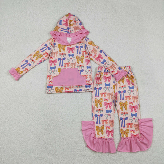 GLP3049 Baby Girls Colorful Bows Pockets Ruffle Hoodie Bell Bottom Pants Clothes Set C11.24