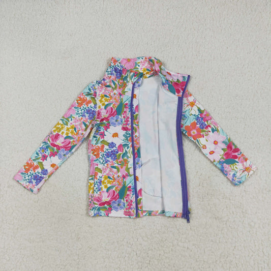 GT1061 Baby Girls Long Sleeves Pink Lavender Floral Pockets Zipper Yoga Jacket 7.25