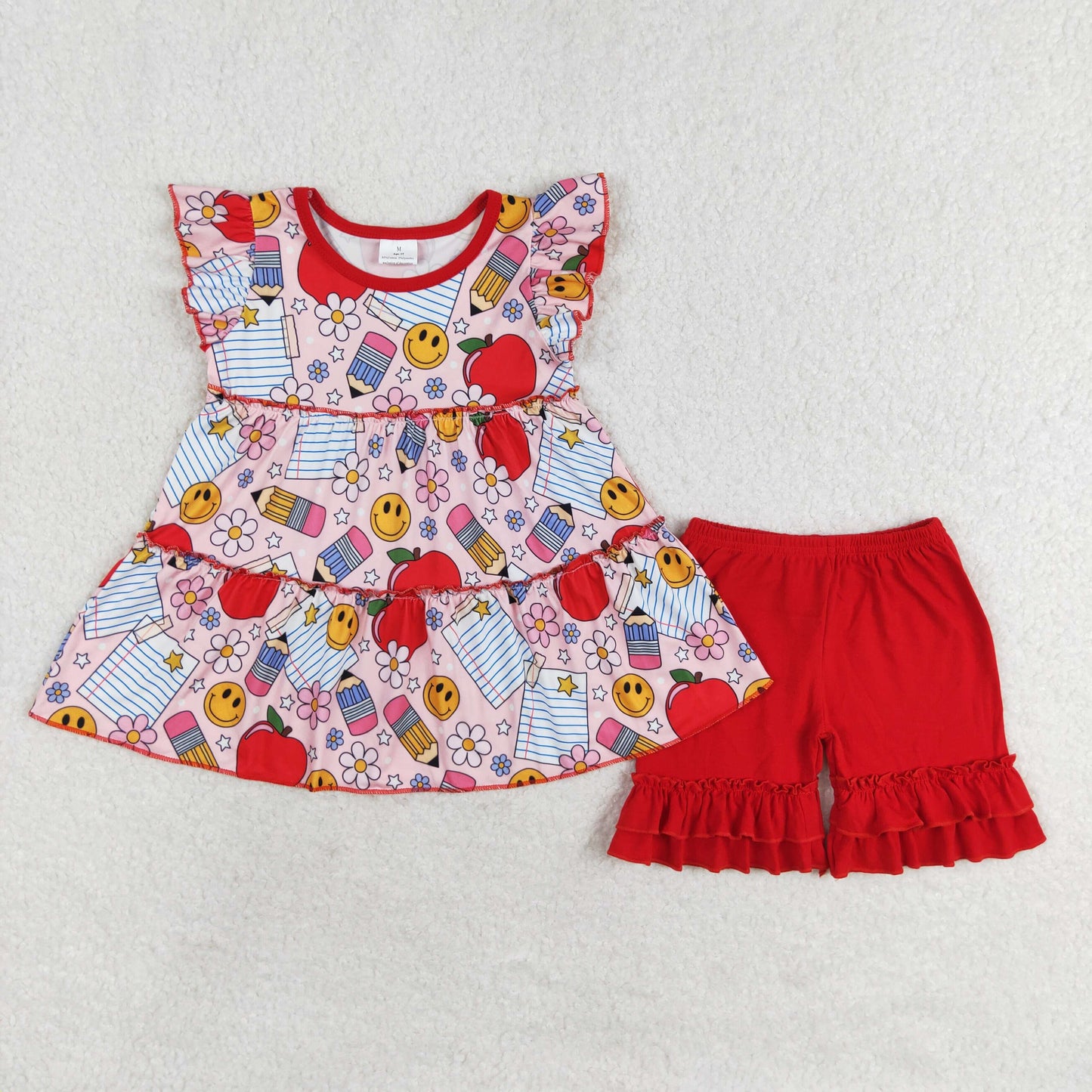 GT0575+ SS0184 Back to school floral pencil Apple flying sleeve top Red lace shorts set