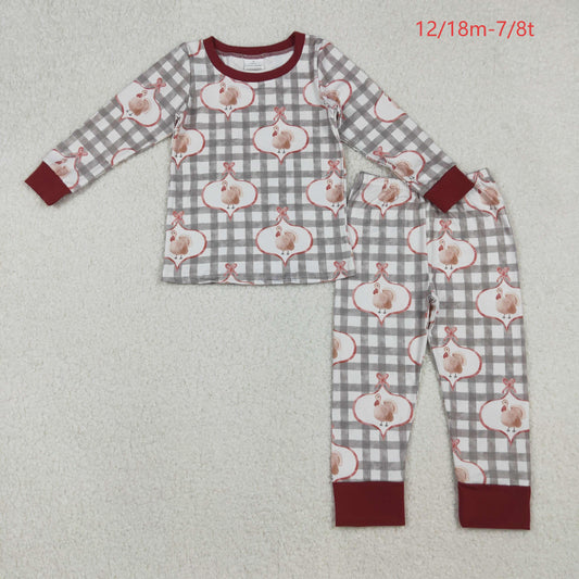 GLP2885 Baby Girls Green Checked Turkey Top Pant Thanksgiving Pajamas Set C10.8