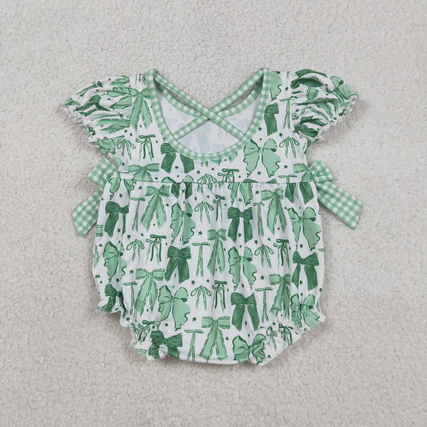 SR3305 Baby Girls Green Clovers St Patrick Bows Ruffle Rompers C12.13