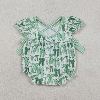 SR3305 Baby Girls Green Clovers St Patrick Bows Ruffle Rompers C12.13