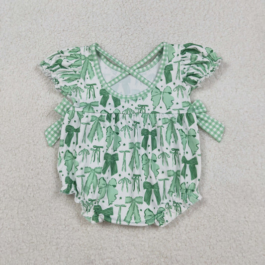 SR3305 Baby Girls Green Clovers St Patrick Bows Ruffle Rompers C12.13