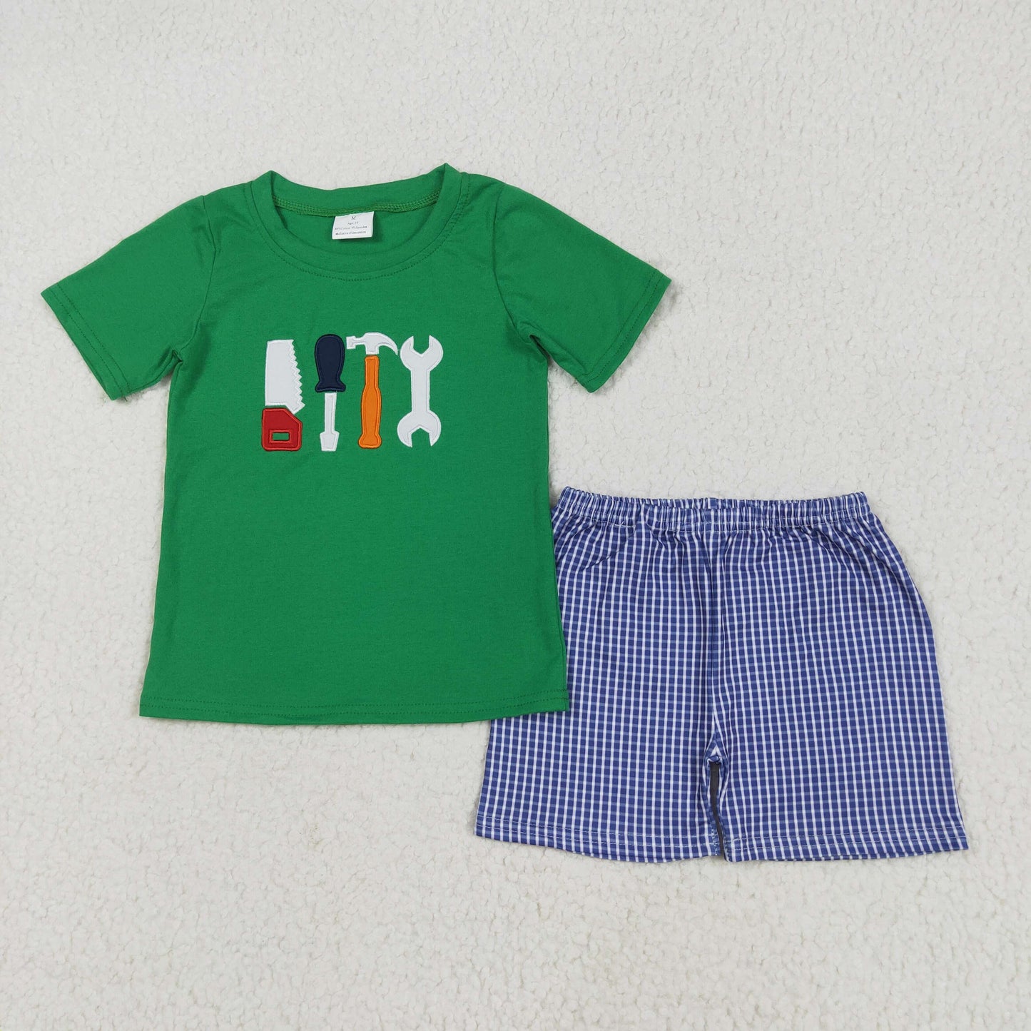 BSSO1066 Embroidered Baby Boys Green Tools Shirts Checkered Shorts Clothes Set 5.20