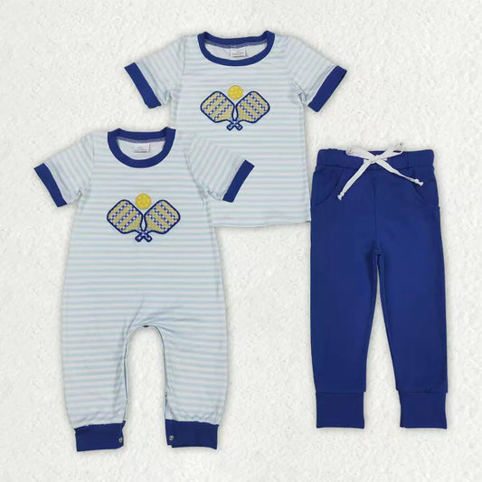 Sibling Baby Boys Blue Stripe Embroidery Tennis Pants Team Clothes Set Footie Rompers C12.1