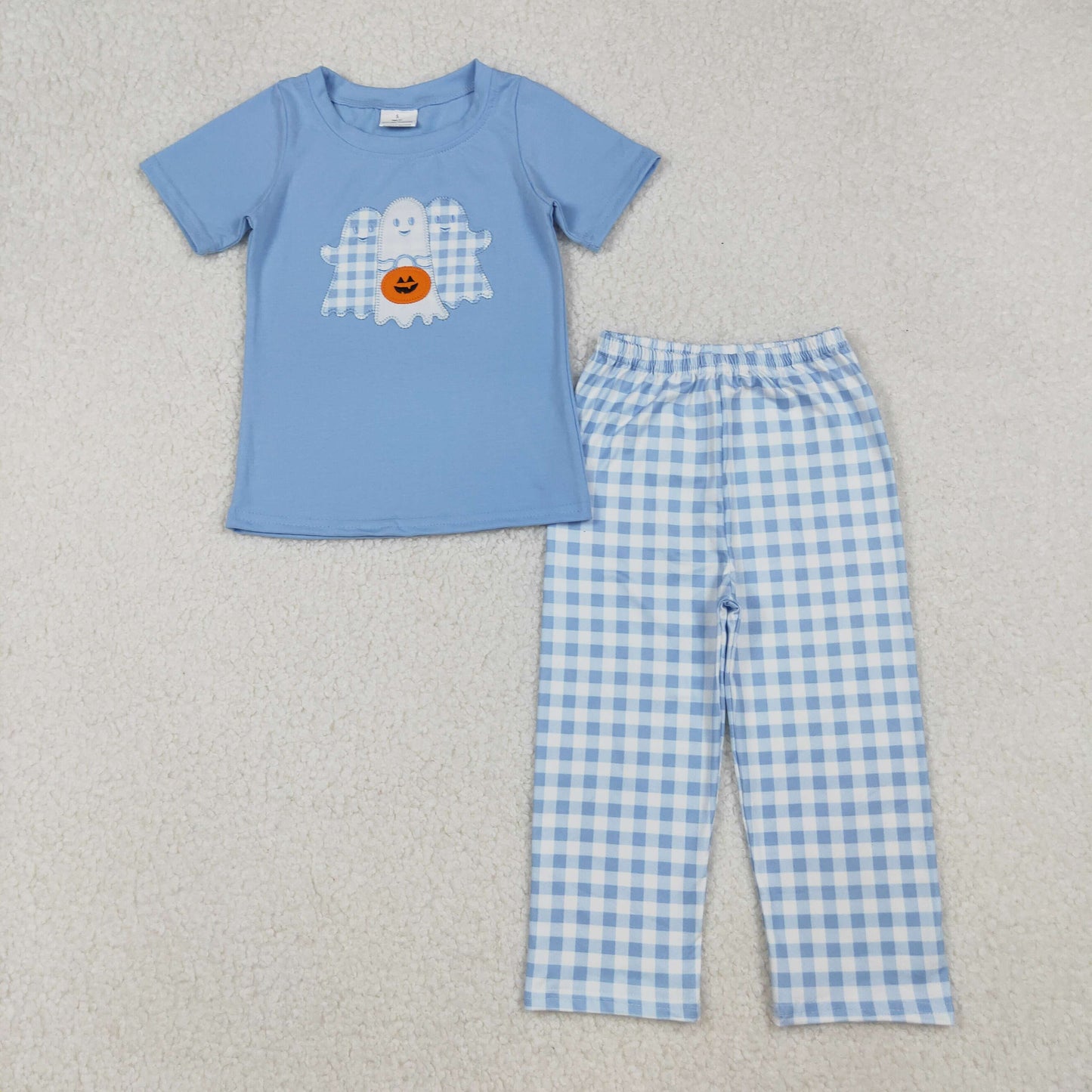 BSPO0581 Embroidery Baby Boys Ghosts Pumpkins Top Plaid Pant Halloween Set C9.19