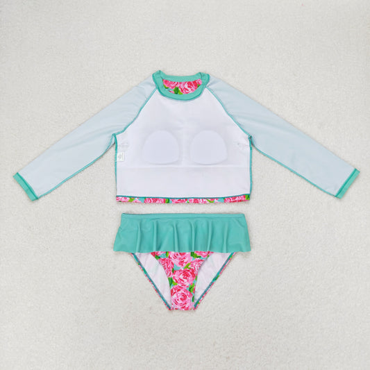 S0260 Floral turquoise lace long-sleeved swimsuit