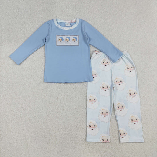 BLP0505 Embroidery Baby Boys Christmas Blue Santas Shirt Pants Clothes Set C9.9