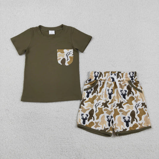 RTS Sibling Baby Boys Shirt Top Deer Camo Pockets Short Hunting Clothes Set Strap Rompers