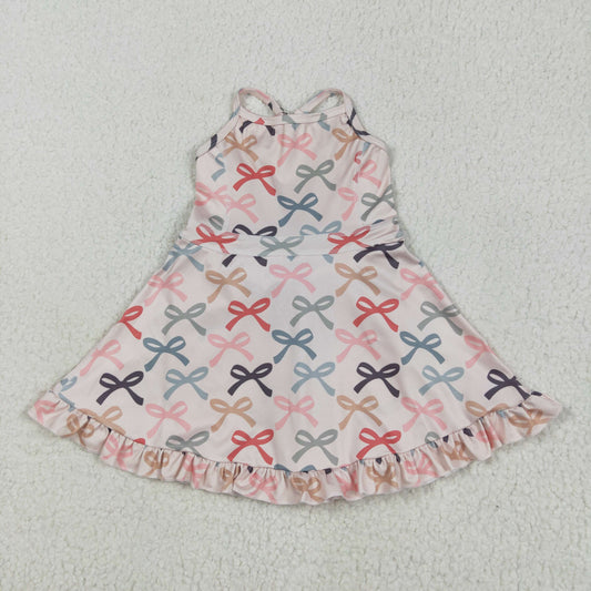 GSD2296 Baby Girls Peach Strap Colorful Bows Yoga Ruffle Knee Length Dress 5.14