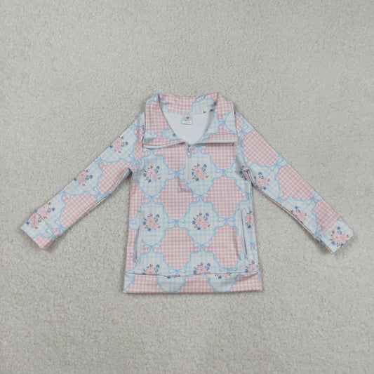 GT1062 Baby Girls Long Sleeves Pink Flowers Plaid Pockets Zipper Yoga Jackets C8.25