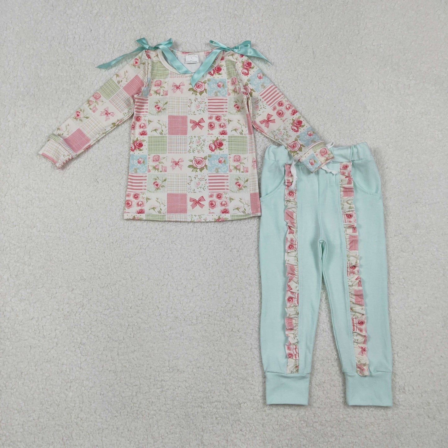 GLP2551 Baby Girls Long Sleeves Flowers Plaid Top Pockets Legging Pant Set C10.25