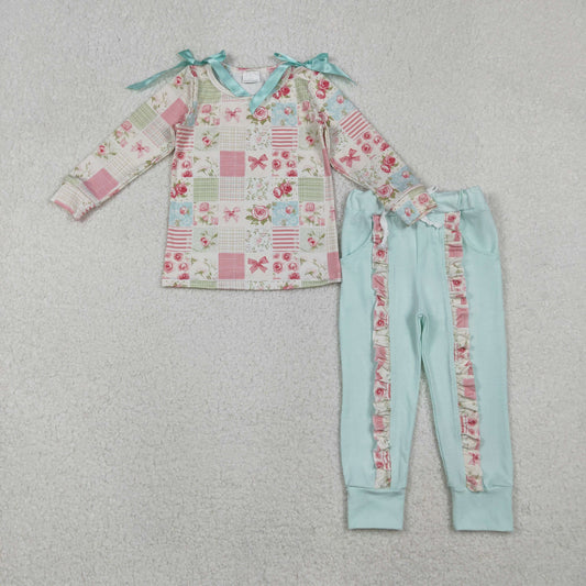 GLP2551 Baby Girls Long Sleeves Flowers Plaid Top Pockets Legging Pant Set C10.25