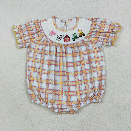 SR2982 Baby Infant Girls Orange Plaid Short Ruffle Sleeves Cows Pigs Farm Smocked Romper 7.10