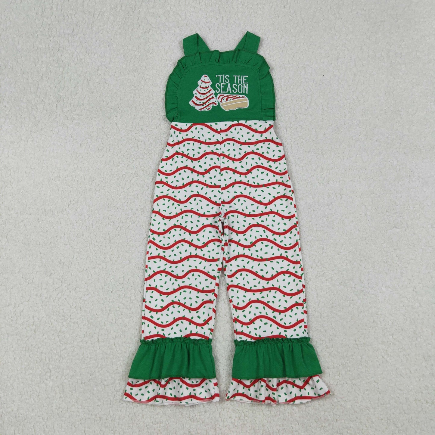 SR3178 Embroidery Baby Girls Green Strap Red Stripe Trees Ruffle Pant Jumpsuit C9.11