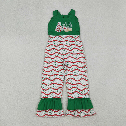SR3178 Embroidery Baby Girls Green Strap Red Stripe Trees Ruffle Pant Jumpsuit C9.11