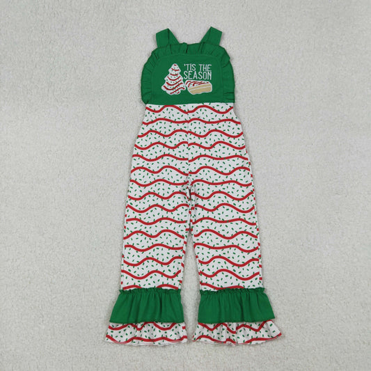 SR3178 Embroidery Baby Girls Green Strap Red Stripe Trees Ruffle Pant Jumpsuit C9.11